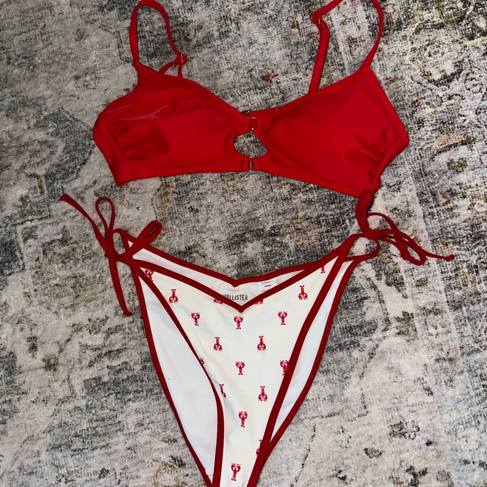 Hollister Red Two-Piece Tie-Side Bikini with Lobster print